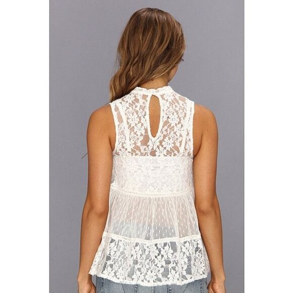 Free People White Vintage Inspired Sheer Floral Lace Mock Neck Casual Boho Top - Picture 8 of 16